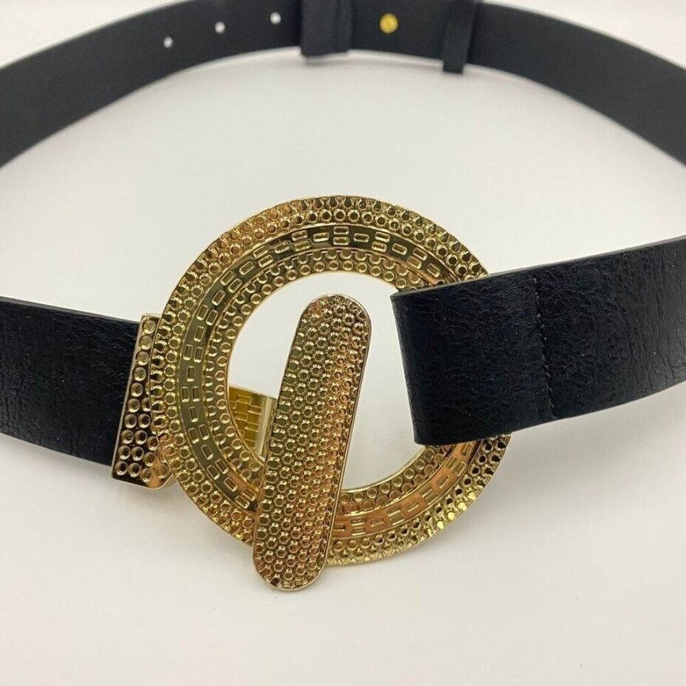 Susan Graver Womens Waist Belt S/ M Black Faux Leather Gold Tone Hook Buckle